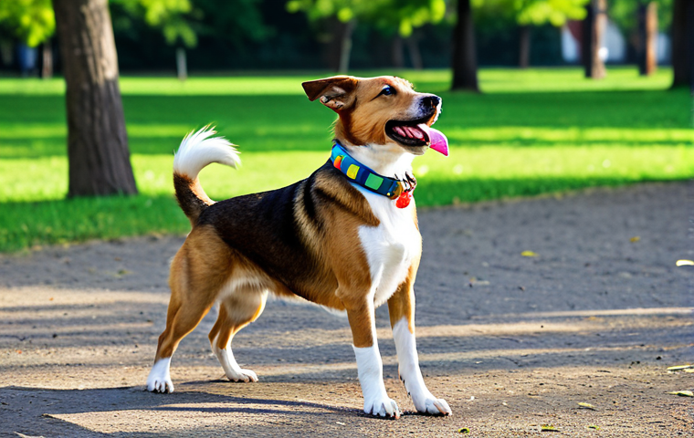 ** A happy and healthy dog playing fetch in a park, fully clothed, wearing a colorful collar, safe for work, appropriate content, family-friendly, professional photography, perfect anatomy, natural proportions.
**