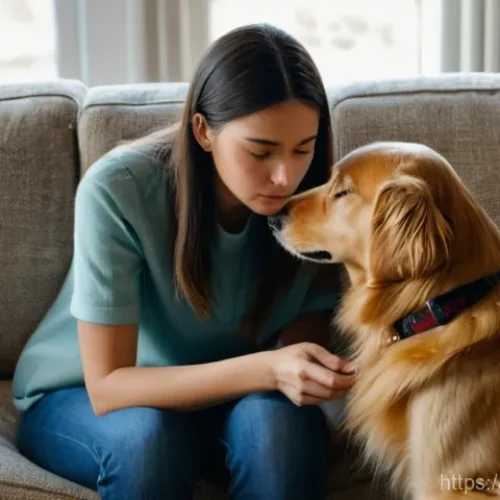 Home 27 수의사가 진료 중 실수한 경험 - **Prompt 1: A Concerned Pet Owner at Home**
Detailed image of a woman, aged 30-40, sitting on a ...