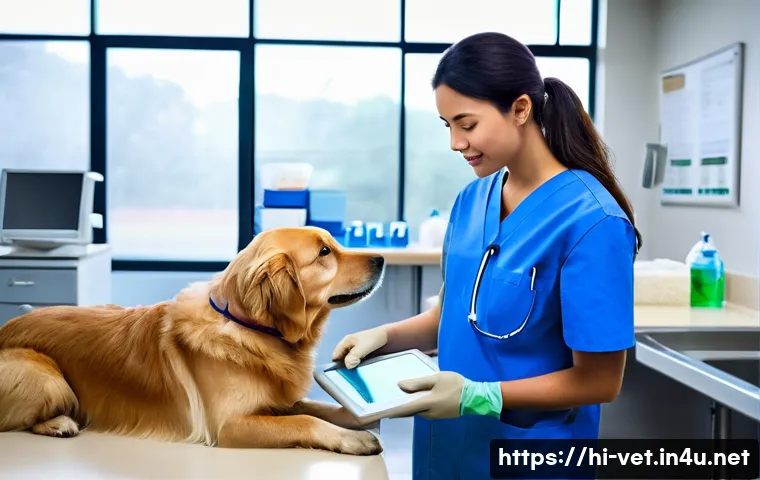 수의사와 간호사의 협력 사례 - **Prompt 1: The Trusting Check-up**
    "A brightly lit, clean, and modern veterinary examination ro...