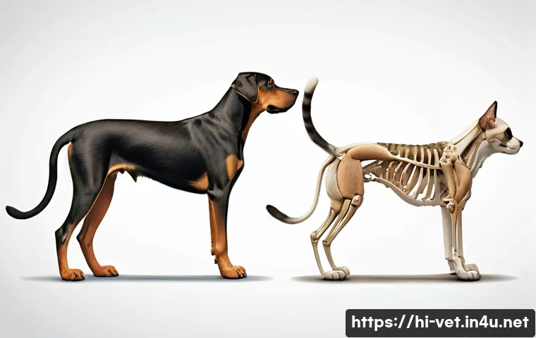 동물종별 의학적 차이 이해하기 - A detailed anatomical illustration of a dog and a cat side by side, showcasing the differences in th...
