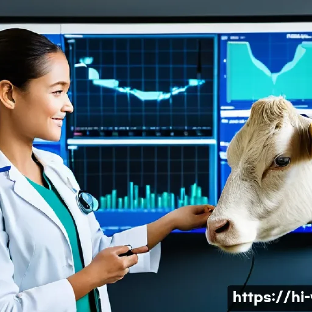 수의학과 관련된 필수 소프트웨어 - A modern veterinary clinic setting showcasing a veterinarian using advanced digital diagnostic tools...