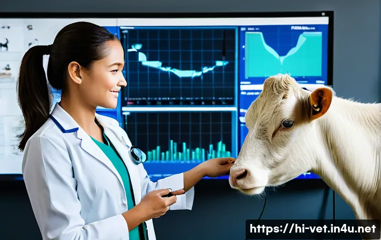 수의학과 관련된 필수 소프트웨어 - A modern veterinary clinic setting showcasing a veterinarian using advanced digital diagnostic tools...