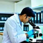 수의학 실습 과제 작성법 - A detailed veterinary practical assignment scene showing a student in a clean, well-lit laboratory s...