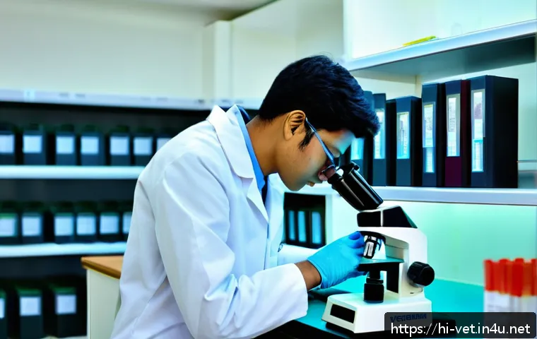 수의학 실습 과제 작성법 - A detailed veterinary practical assignment scene showing a student in a clean, well-lit laboratory s...