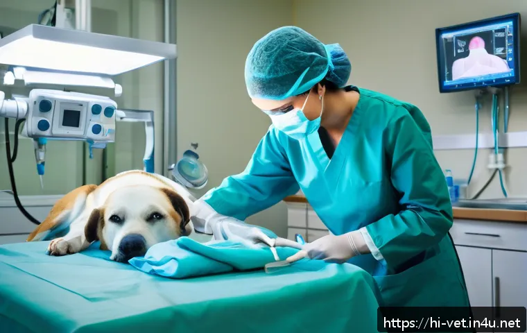 수의사 실무 경험 공유 - A highly detailed veterinary emergency scene inside a modern clinic, showing a skilled veterinarian ...