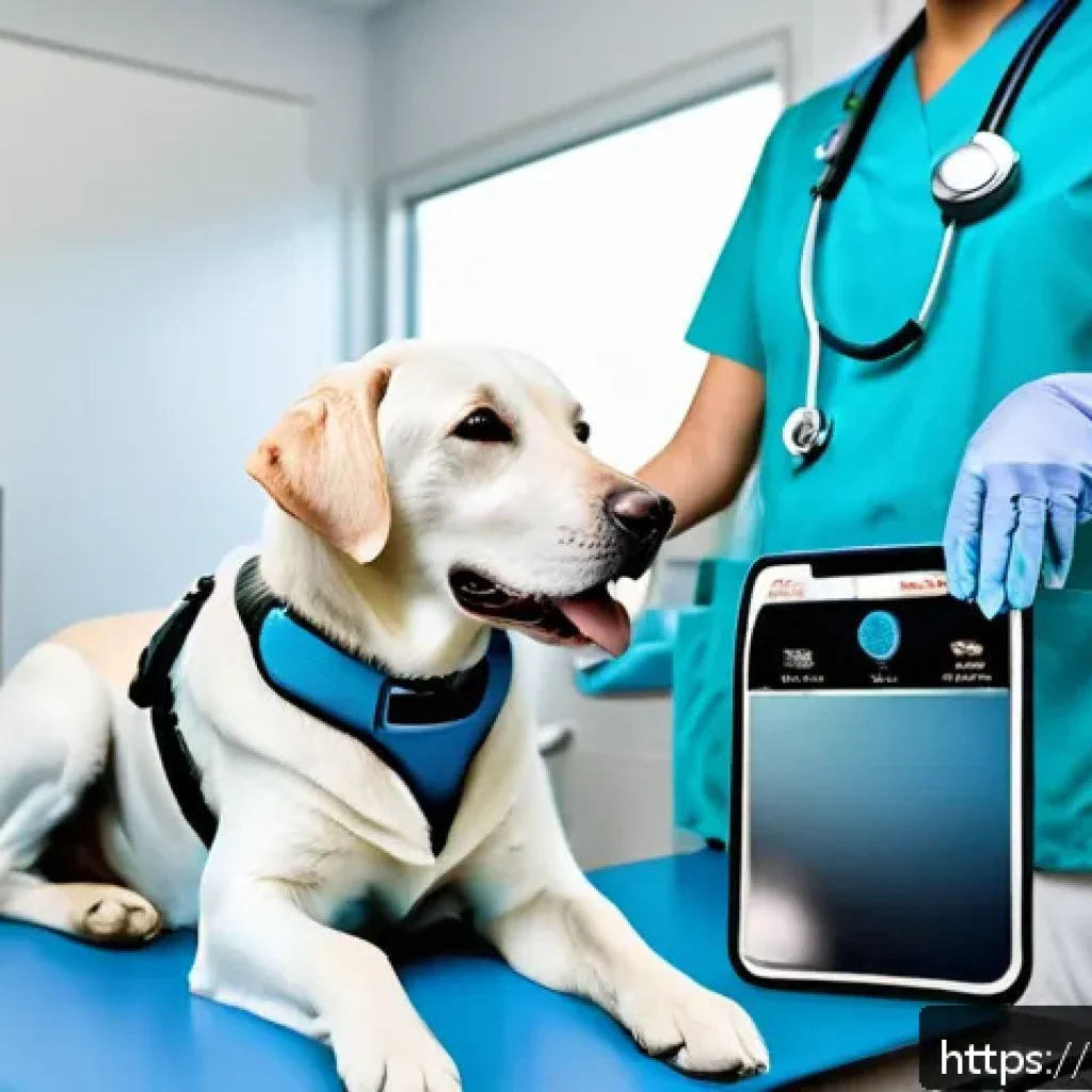 수의학에서 중요하게 다루는 실습 장비 - A modern veterinary clinic interior featuring a veterinarian using a portable smart ultrasound machi...