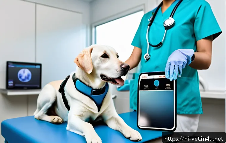 수의학에서 중요하게 다루는 실습 장비 - A modern veterinary clinic interior featuring a veterinarian using a portable smart ultrasound machi...