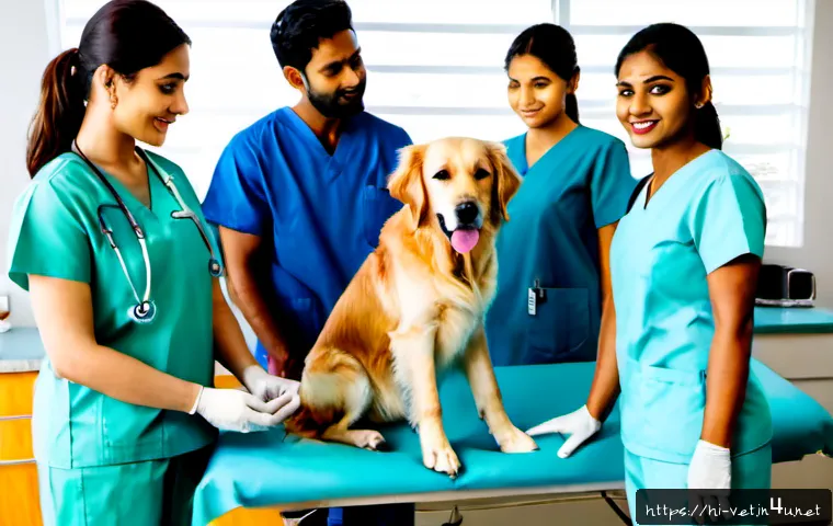 Home 17 수의사로서 팀워크 구축 방법 - Photorealistic veterinary clinic team huddle, Indian veterinarian and diverse support staff in clean...