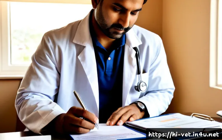 Home 30 수의사 해외 이직 준비 과정 - Photorealistic Indian veterinarian preparing for an overseas career move, seated at a clean home off...