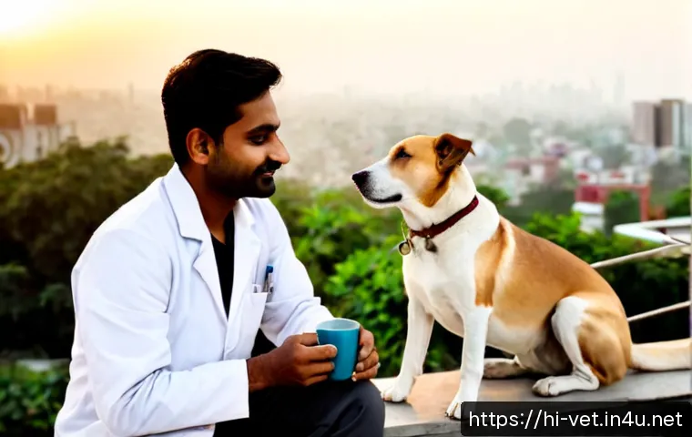 Home 17 수의사로서 직무 스트레스를 해소하는 법 - Photorealistic Indian veterinarian relaxing after work on a quiet rooftop garden at sunset, sitting ...
