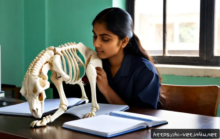 수의사 필수 과목 및 학습법 - Photorealistic veterinary student in a bright Indian university study room, carefully studying anima...