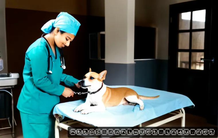 Home 17 동물병원 내 수의사 역할 구분 - Photorealistic modern veterinary hospital consultation room, a veterinarian in clean scrubs gently e...